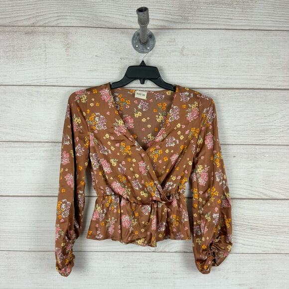 Peach Love California Women's Brown Floral Fall Waisted Balloon Sleeve Top Small - Picture 1 of 6